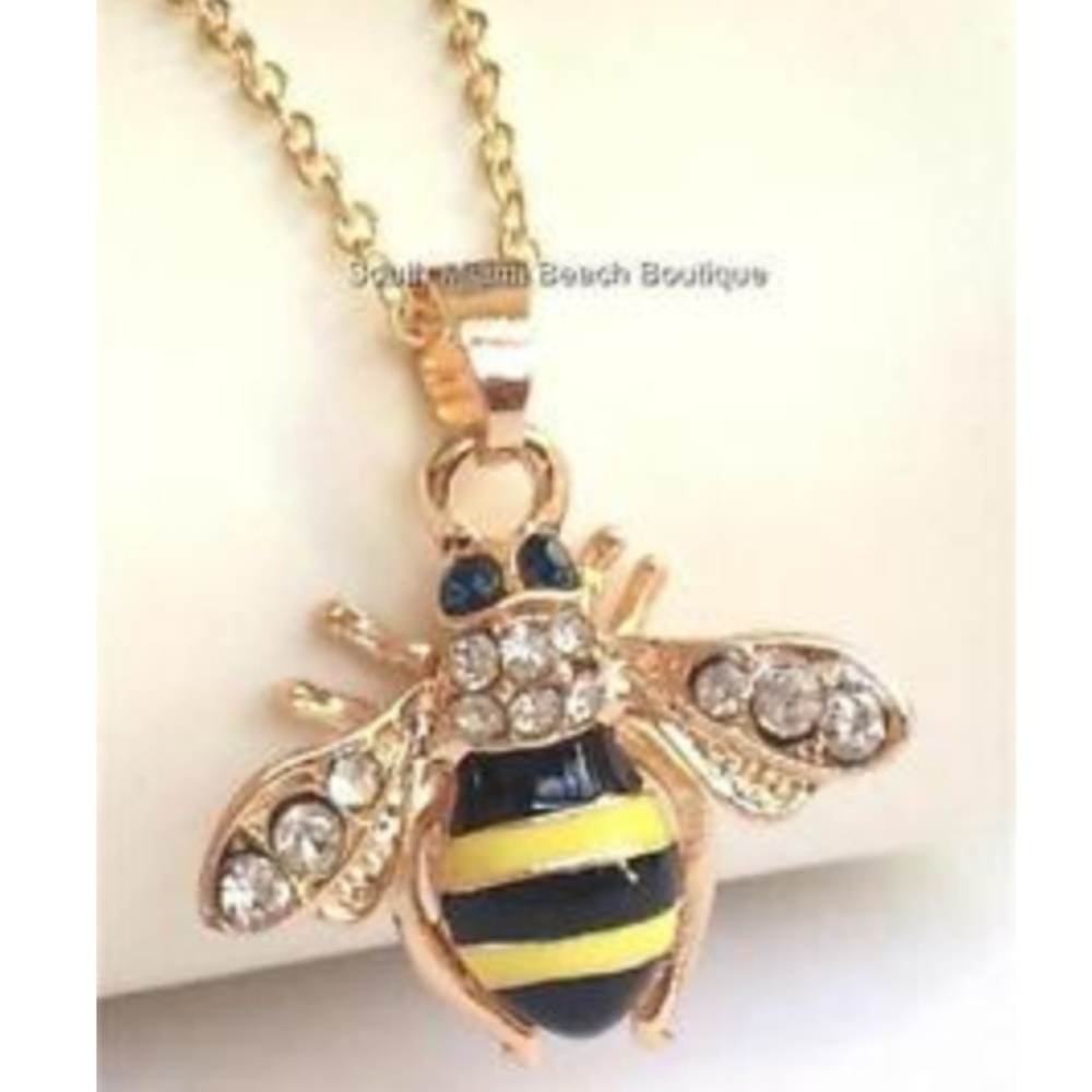 Gold Tone Bumble Bee Necklace Plated Crystal 16-18" Insect Bug Jewelry Enamel